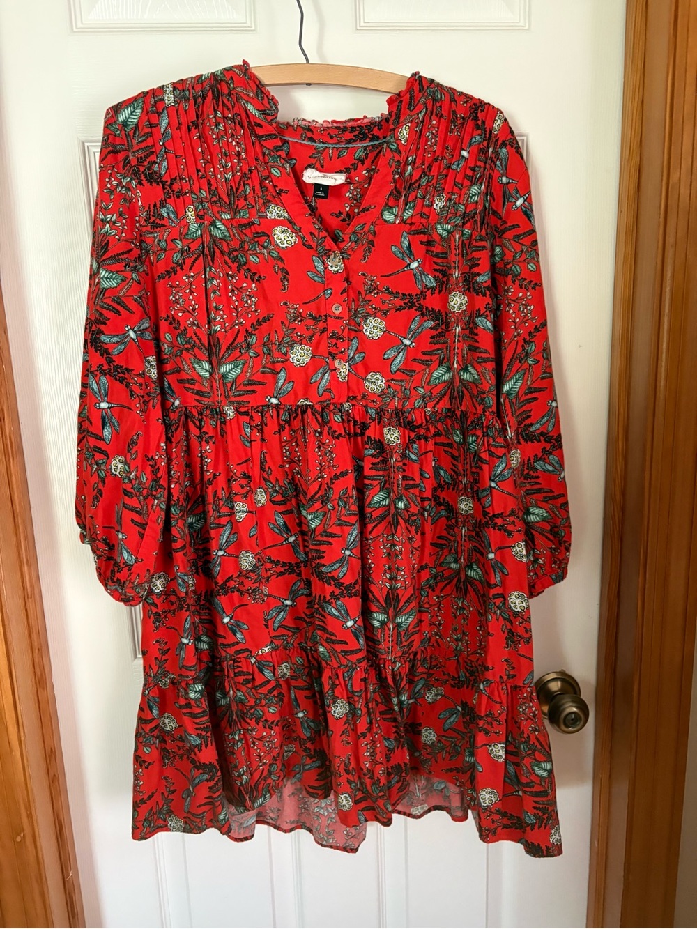 Anthropologie Kelly Love Jueili Red Botanical Floral Tiered Dress Small